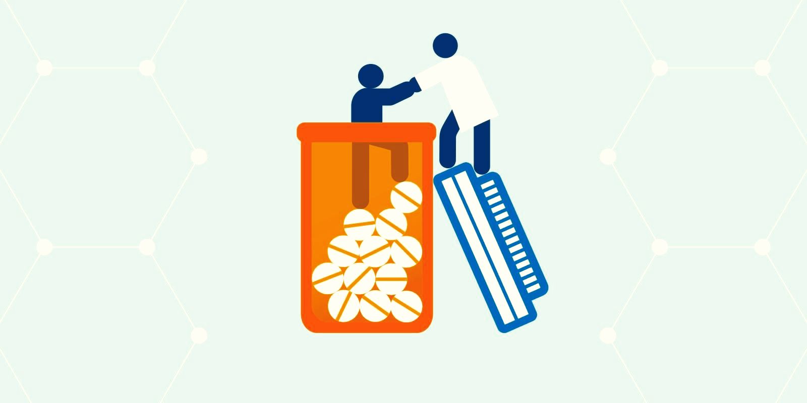 A man is standing on top of a trash can filled with pills.