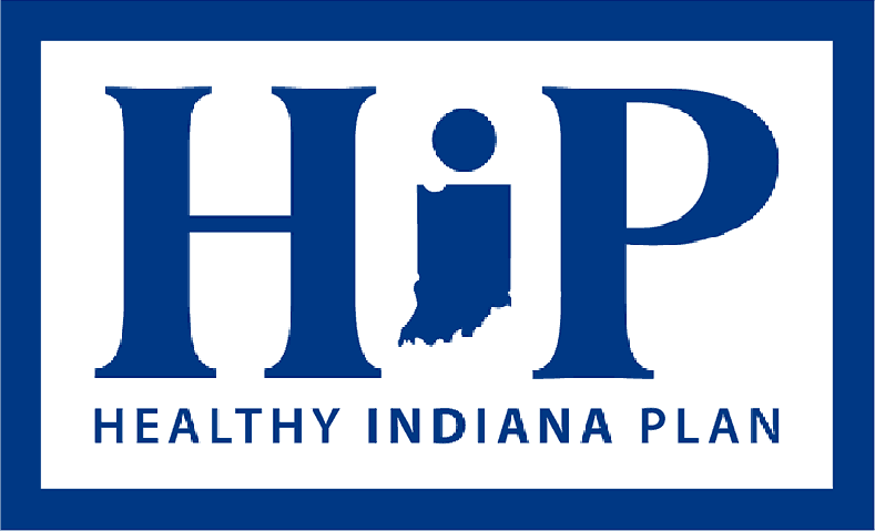 A blue and white logo for the healthy indiana plan