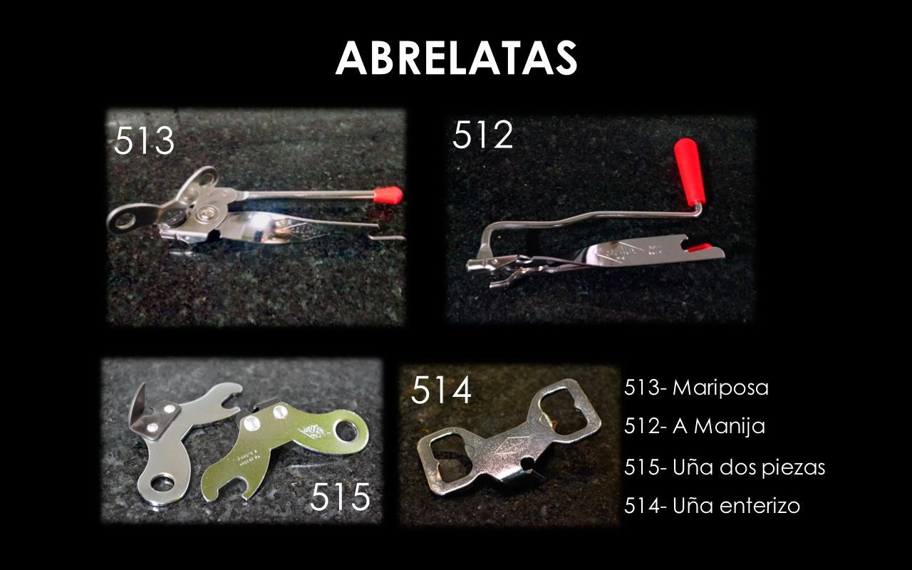 Cuatro abrelatas diferentes: 513 (mariposa), 512 (A Naranja), 515 (dos garras), 514 (uña anterior).