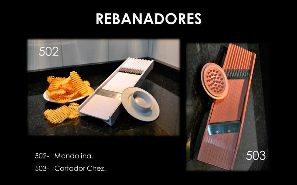 Dos rebanadoras de cocina: una con papas fritas onduladas y la otra de color rojizo. Texto 