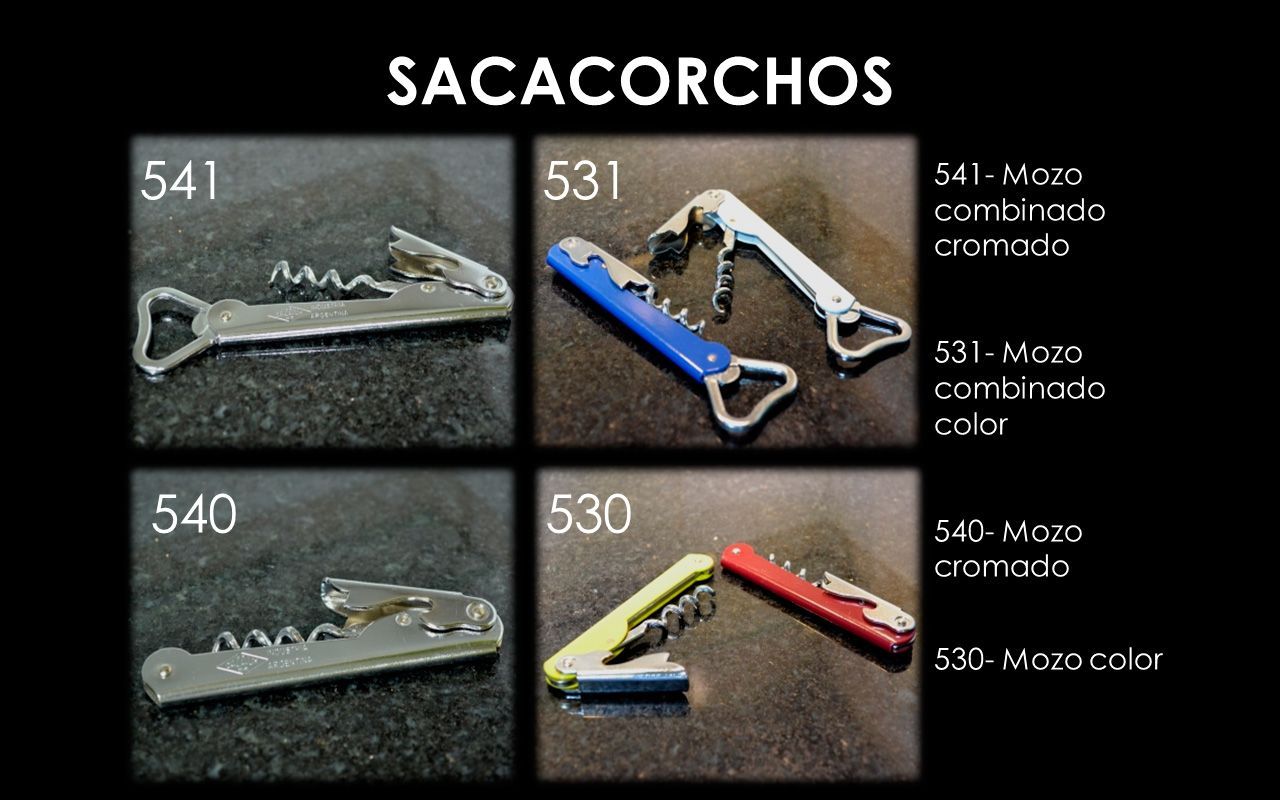 Cuatro sacacorchos de diferentes colores y estilos, etiquetados con números y descripciones.