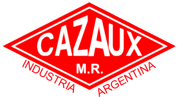 Logotipo de Cazaux en rojo y blanco. Forma de diamante con el texto: CAZAUX, INDUSTRIA, ARGENTINA, SR.