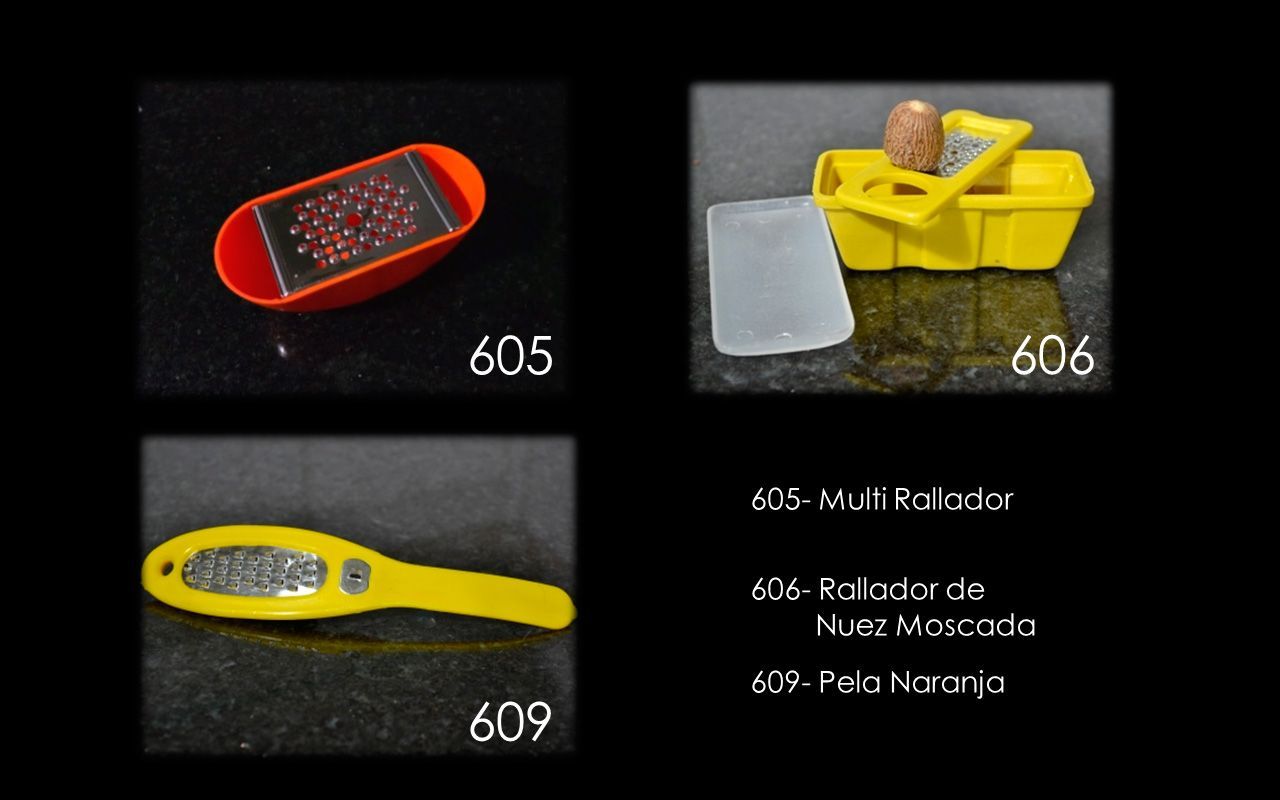 Tres pequeñas herramientas de cocina un rallador, un rallador de nuez moscada y una lima para pies.