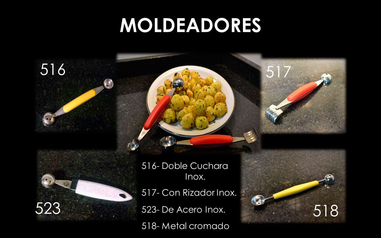 Varias herramientas de cocina de acero inoxidable (moldeadores) con mangos de diferentes colores.