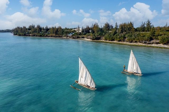 A couple of sailboats are floating on top of a body of water.