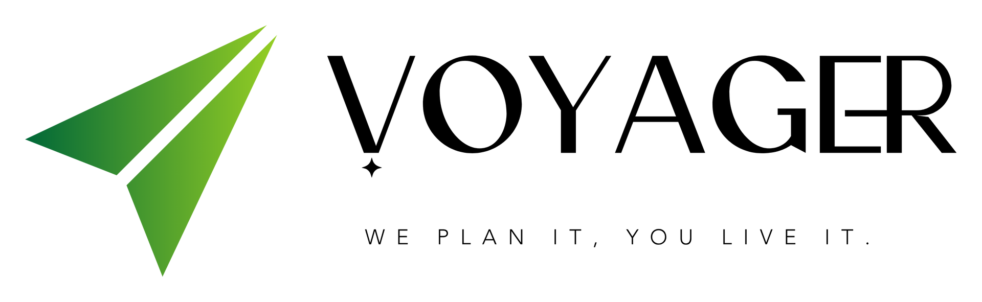 A logo for voyager with a green arrow and the words we plan it you live it