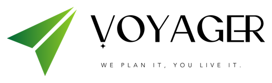 A logo for voyager with a green arrow and the words we plan it you live it
