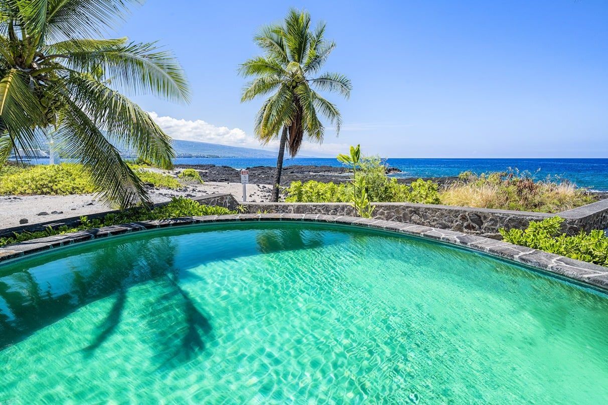 A large swimming pool surrounded by palm trees and the ocean.
