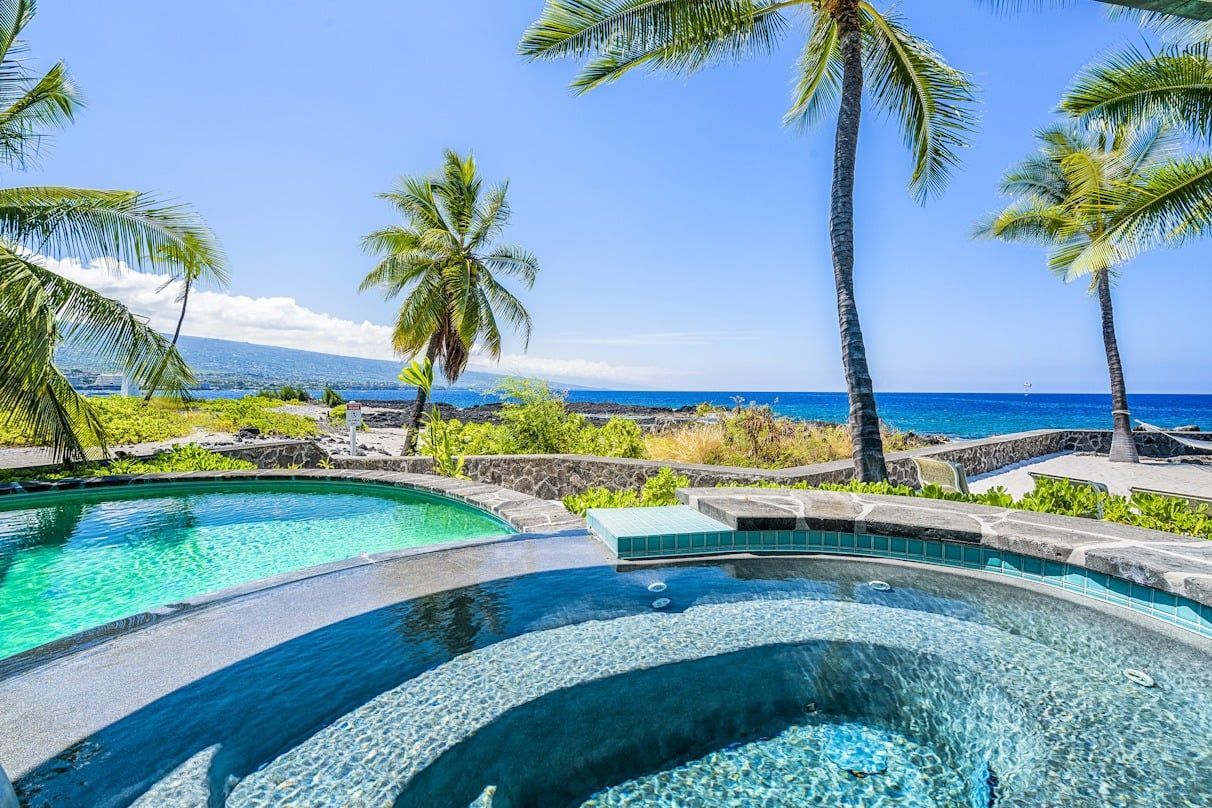 A large swimming pool surrounded by palm trees and the ocean.