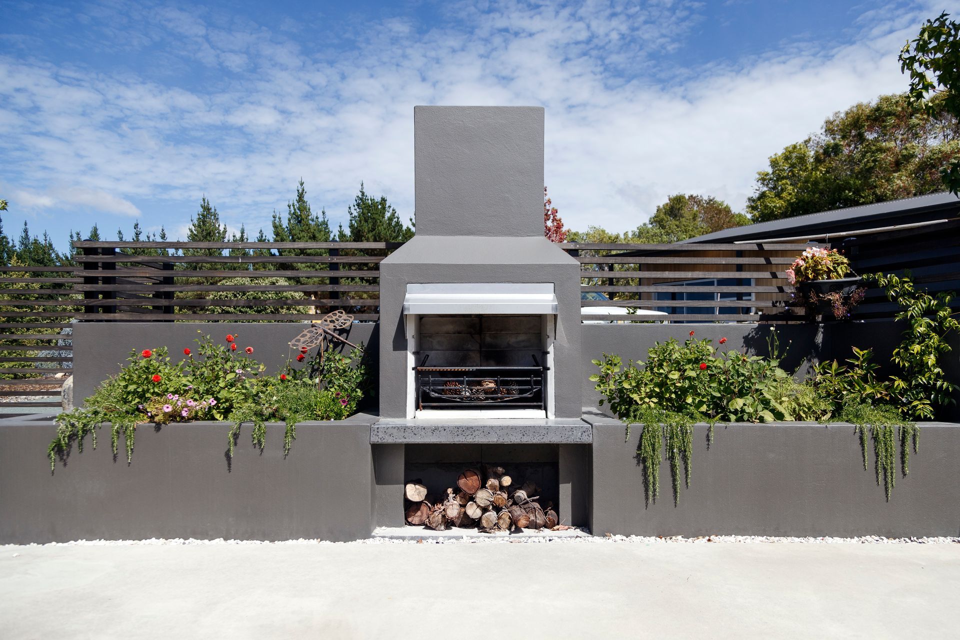 A fireplace is built into the side of a building