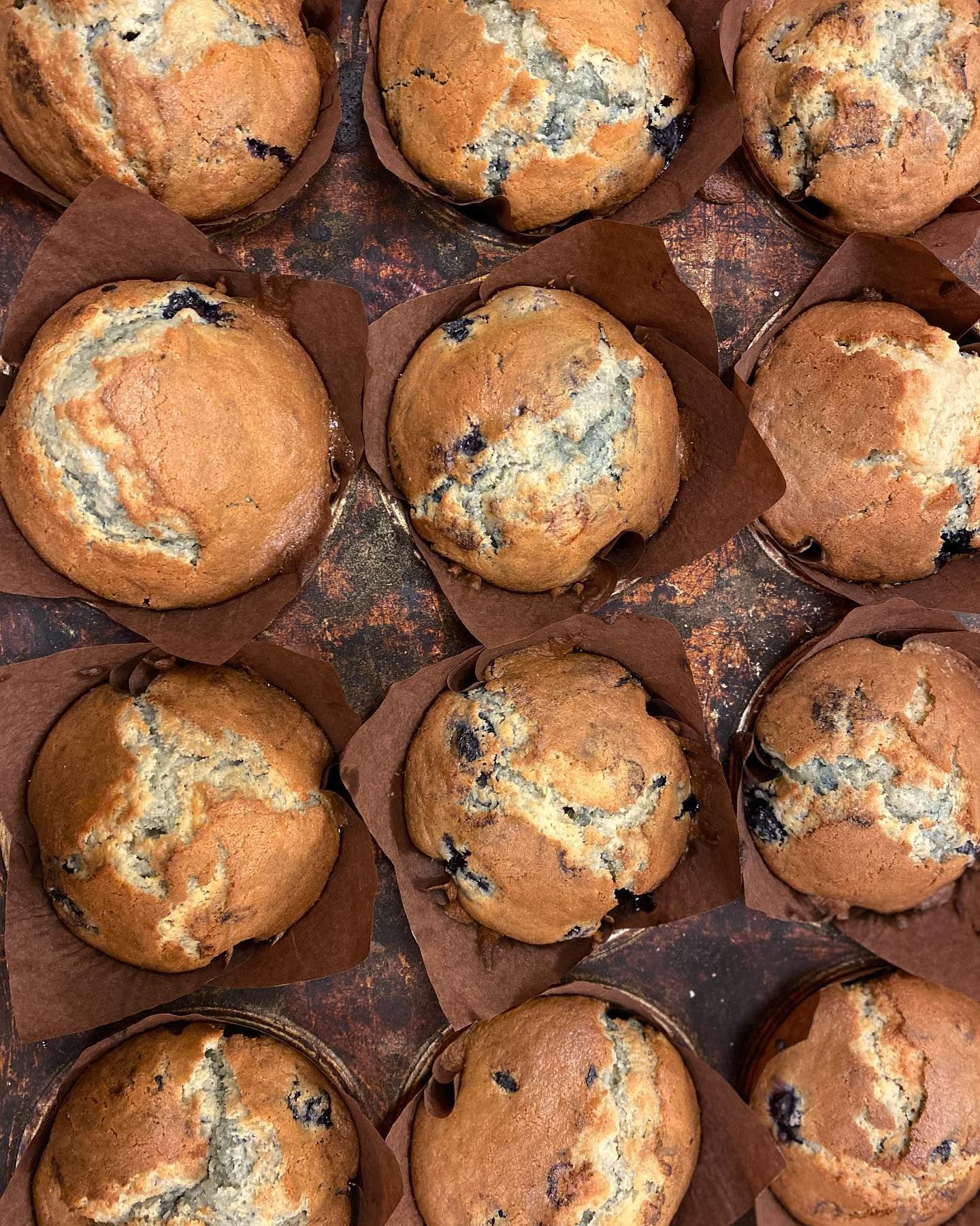 A bunch of blueberry muffins are sitting on a table