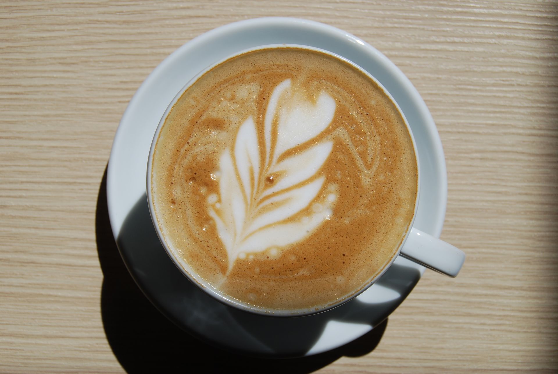 A cup of coffee with a leaf design on the foam