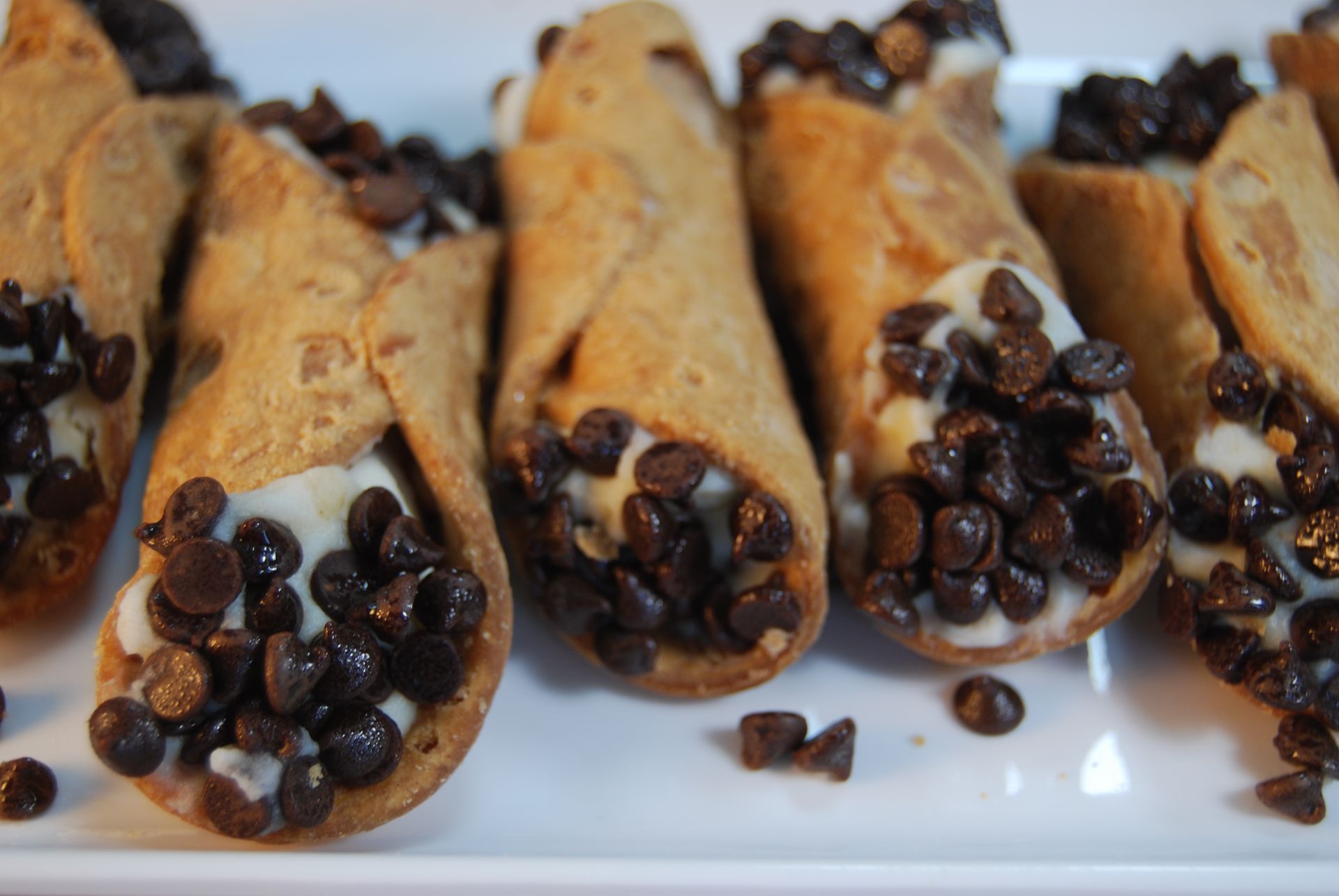 A white plate topped with chocolate chip cannoli