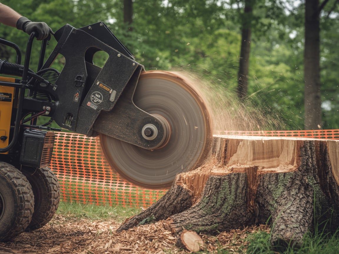 A stump grinder at work, removing a tree stump in a wooded area.
