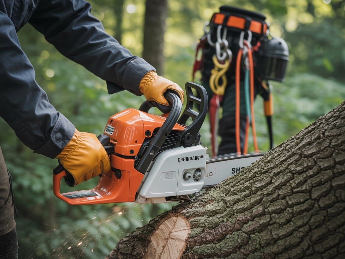 Person in gloves using chainsaw on a tree, with climbing gear in the background.