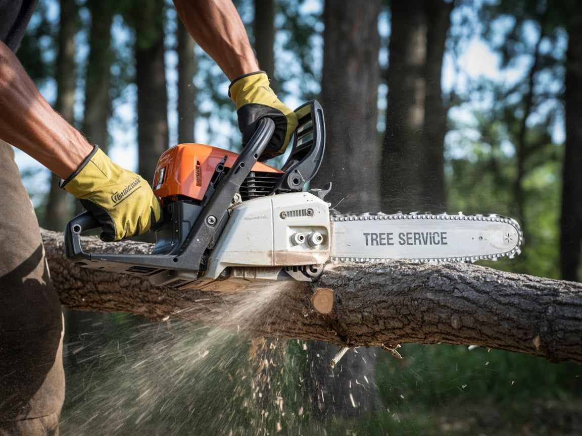 Person wearing yellow gloves cutting a log with a chainsaw in a forest.
