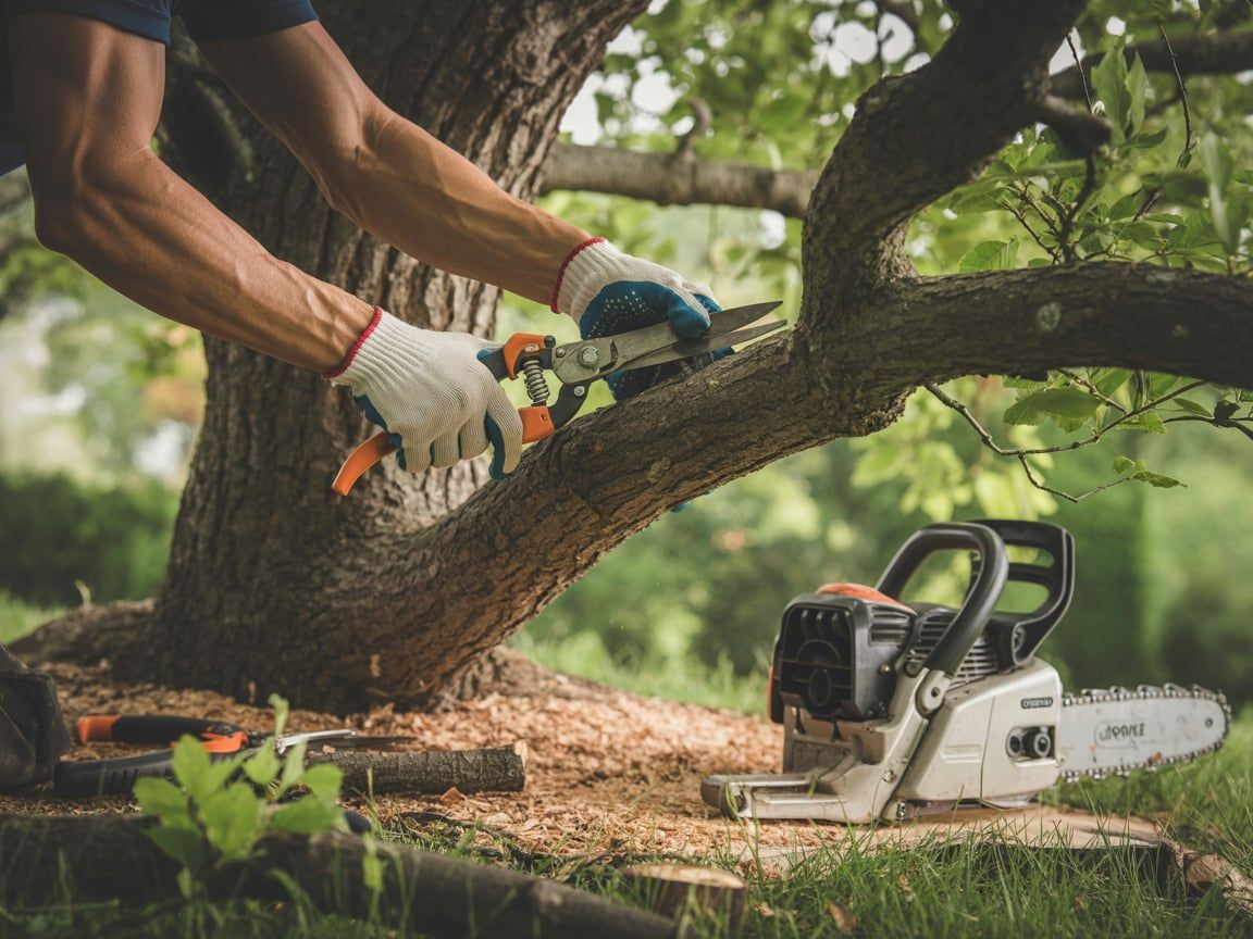 Person pruning tree branch with shears, chainsaw nearby on grass.