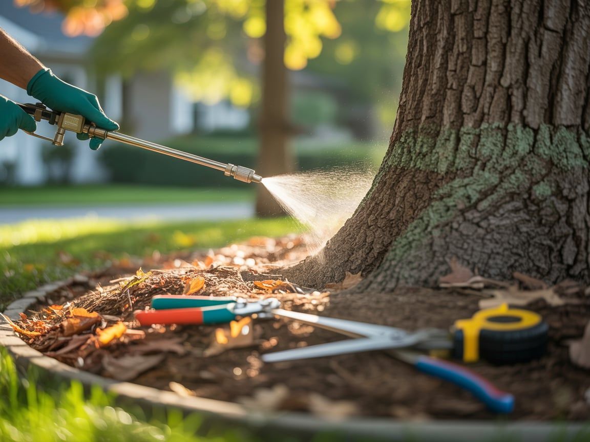 Person spraying tree trunk with a hose, tools laid nearby in a yard.