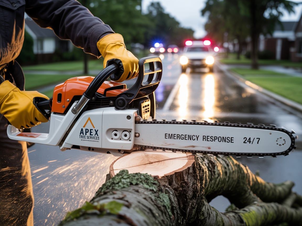 Person in yellow gloves cuts fallen tree with chainsaw in a rain-slicked street; emergency vehicles in the background.