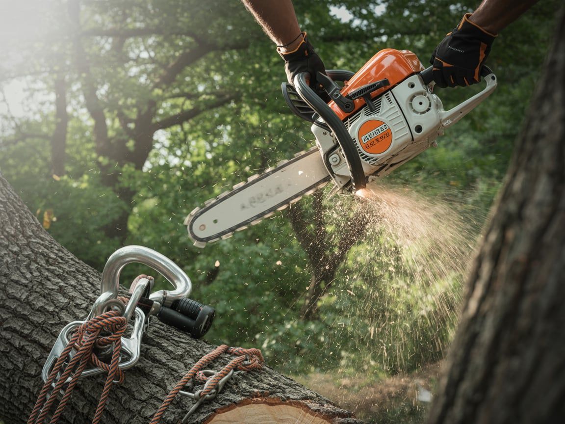 Person using chainsaw to cut tree branch outdoors.