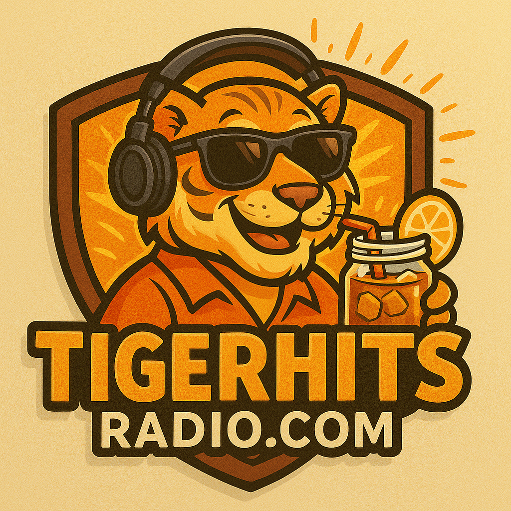 A tiger wearing headphones and sunglasses is holding a drink with a straw.