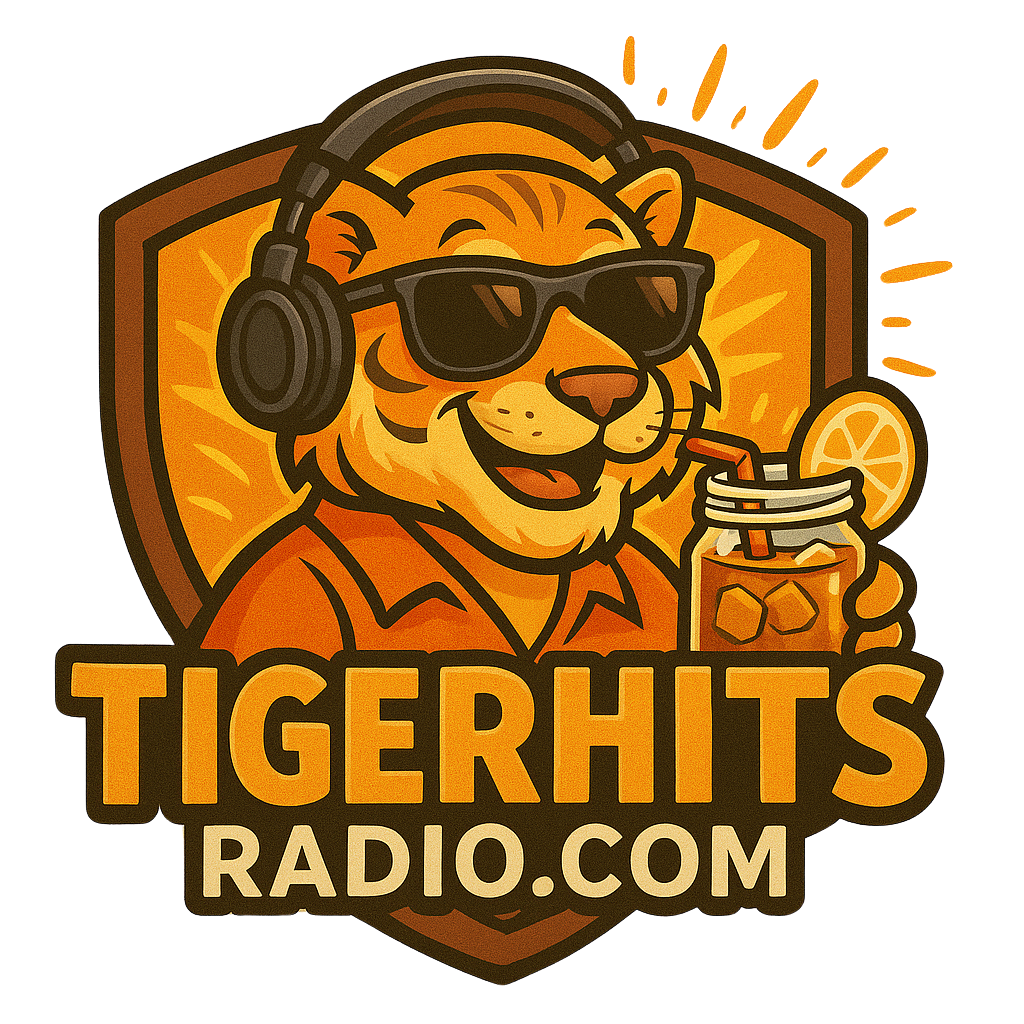 A tiger wearing headphones and sunglasses is holding a drink with a straw.