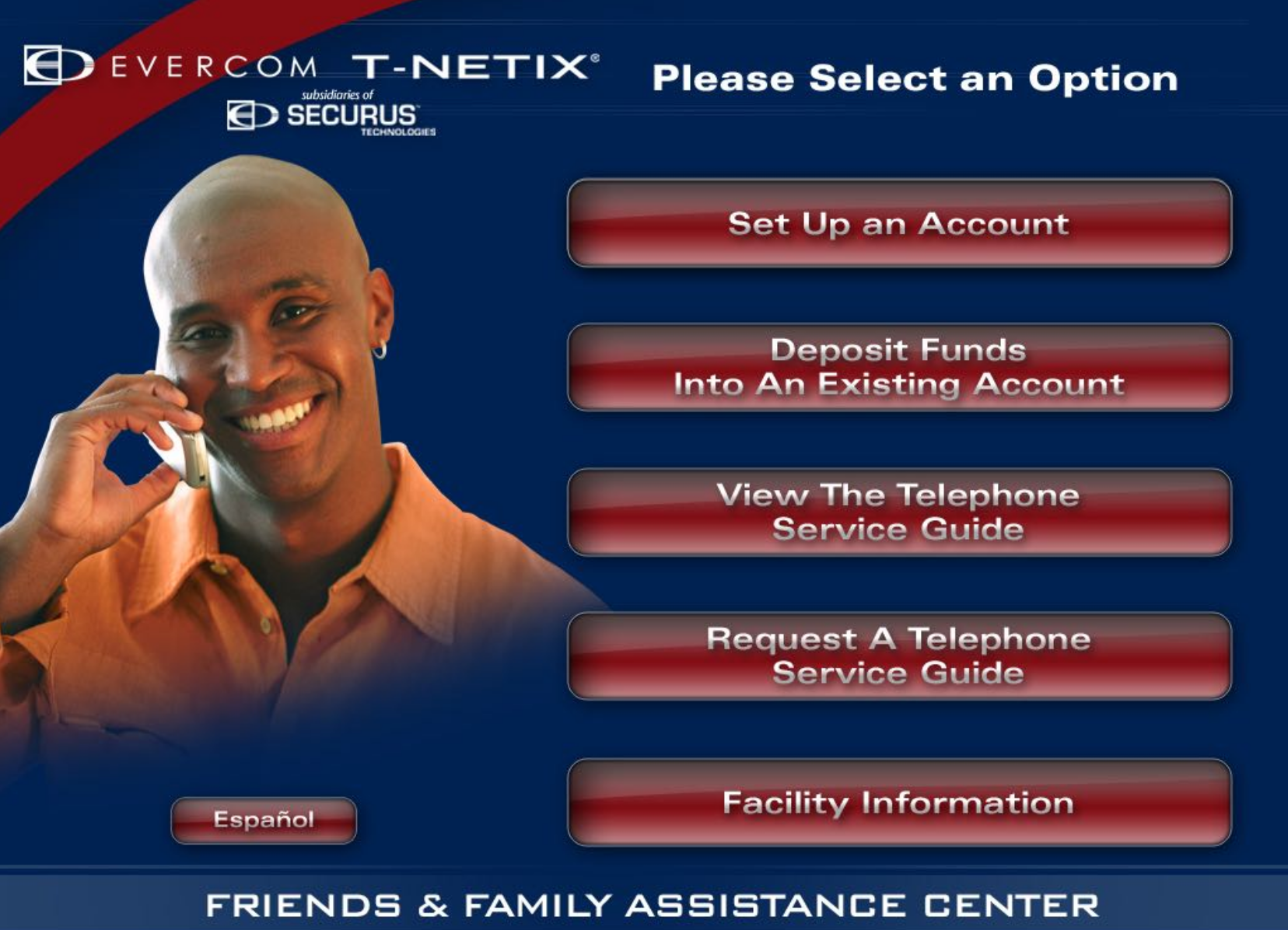 friends and family assistance center payment kiosk welcome screen with options to 