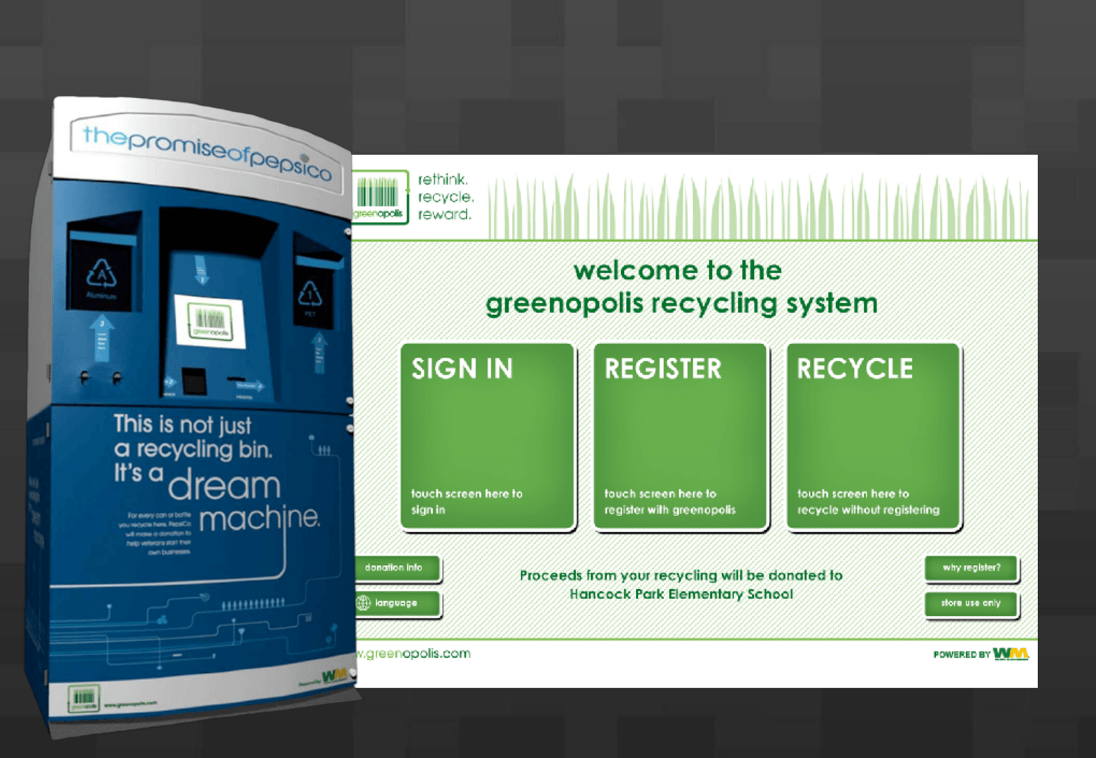 recycling kiosk and closeup of welcome screen with options to sign in, register, etc.