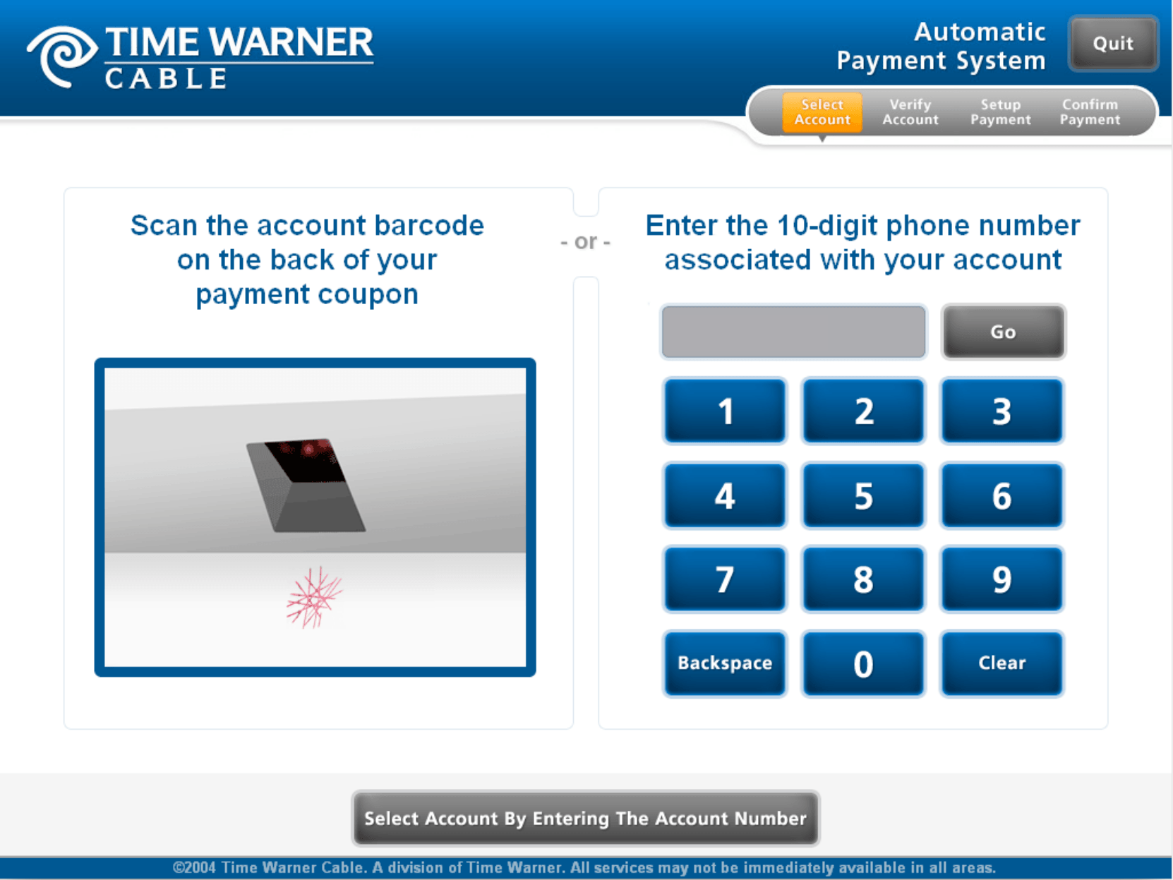 Time Warner Cable payment kiosk login screen with different options to make payment