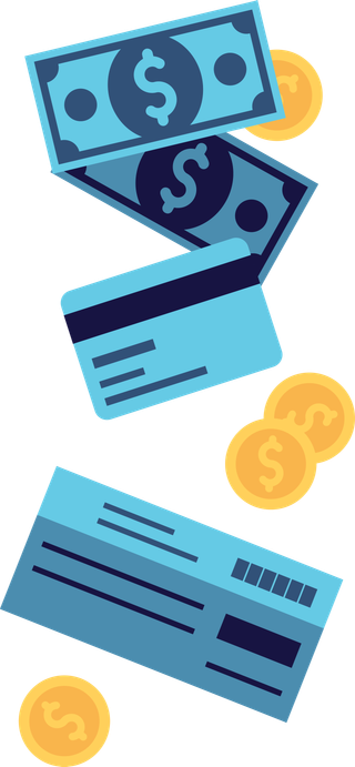 money illustration with coins, dollars, a credit card and a check