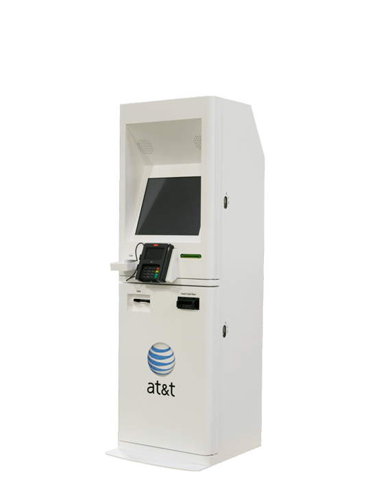 Large custom built payment kiosk in white with at&t's logo