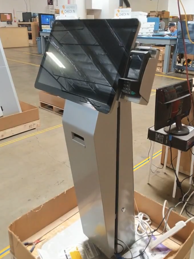 the Austin Payment Kiosk model with a computer in landscape mode getting ready to be shipped