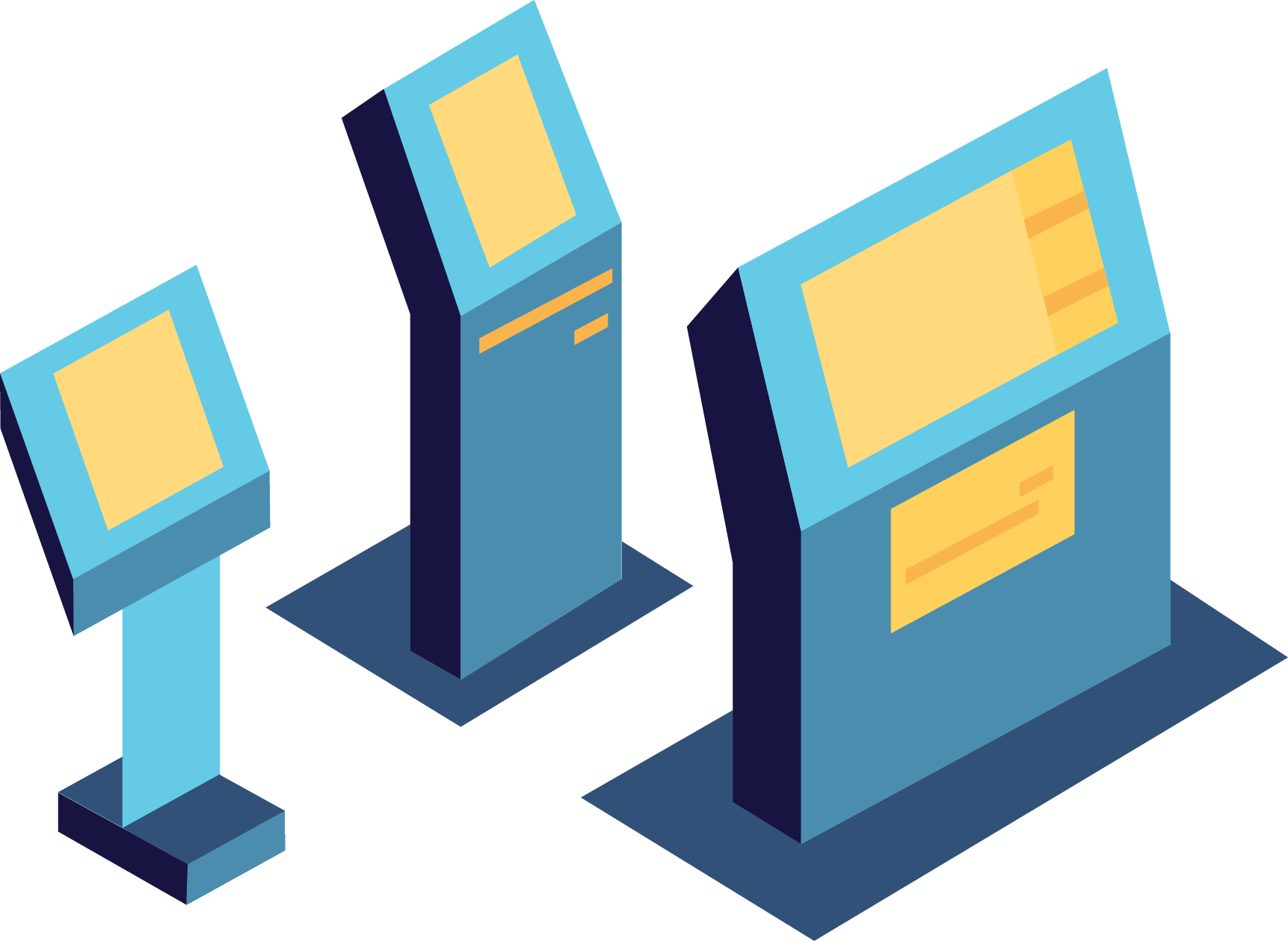 Illustration of three models of payment kiosks