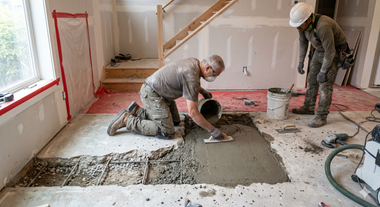 Empty concrete parking garage floor with wet, reflective surface and a support column