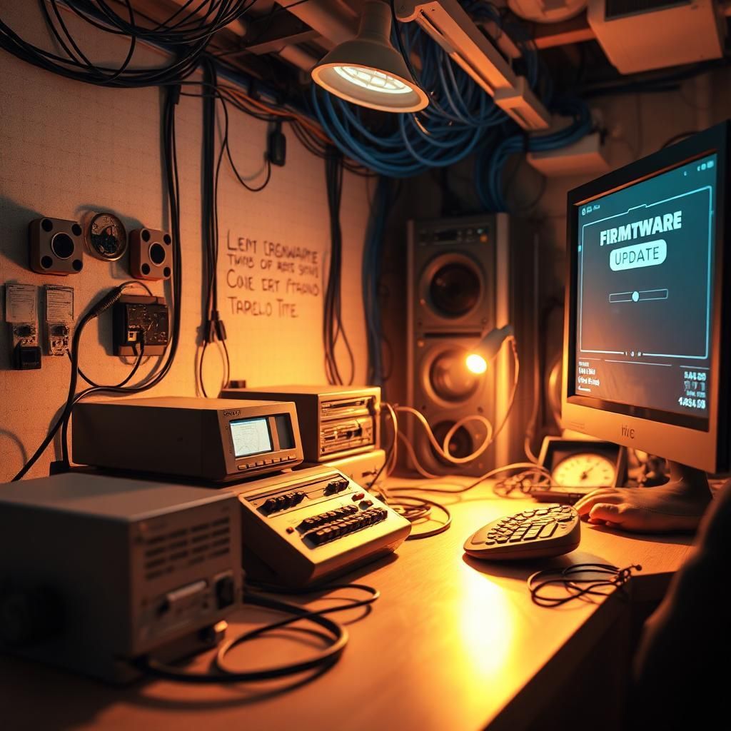 Tech lab with cluttered desk, wires, monitor with update, speakers, instruments, warm lighting.