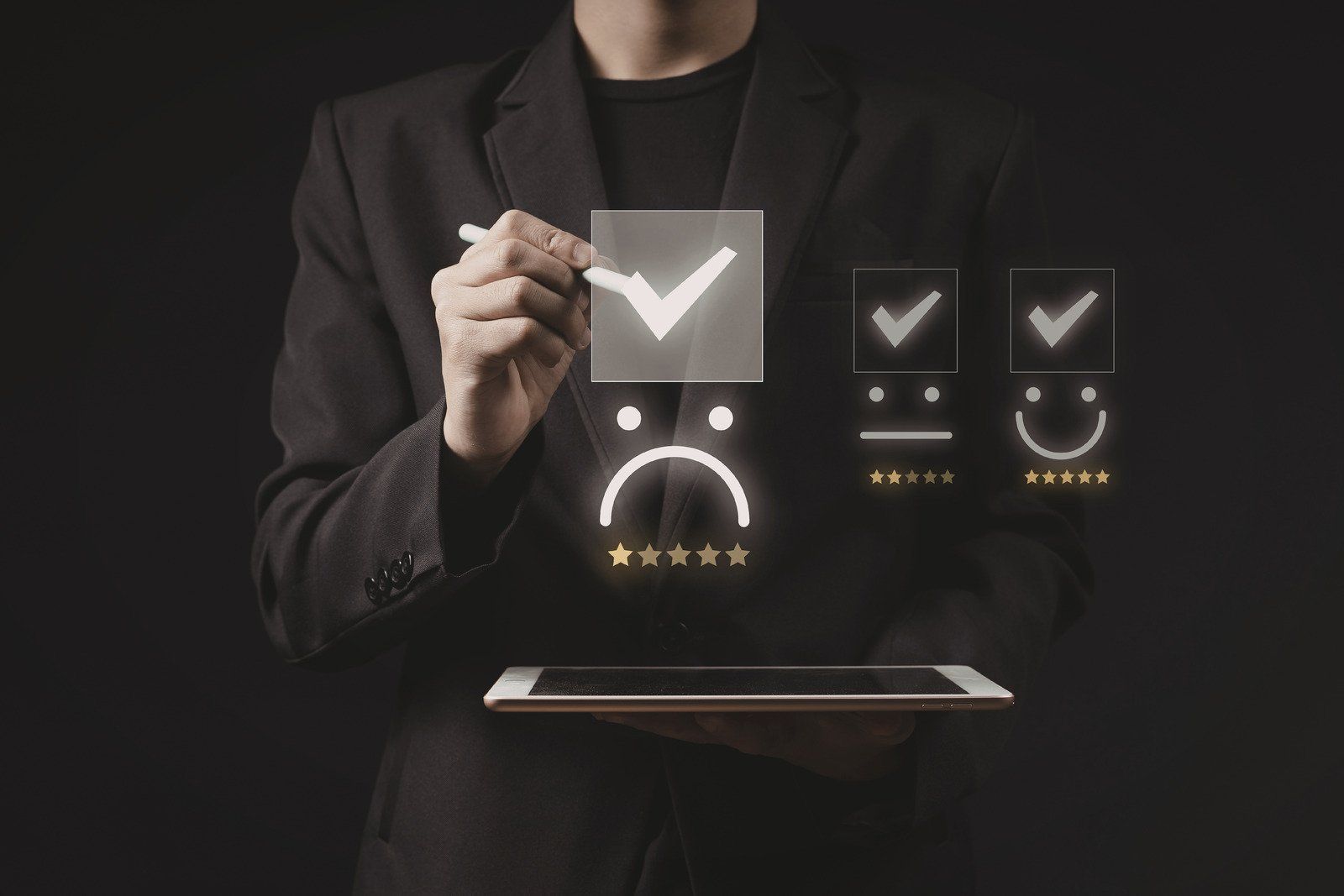 A person in a suit uses a digital pen to select a negative rating icon from three options on a virtual interface.