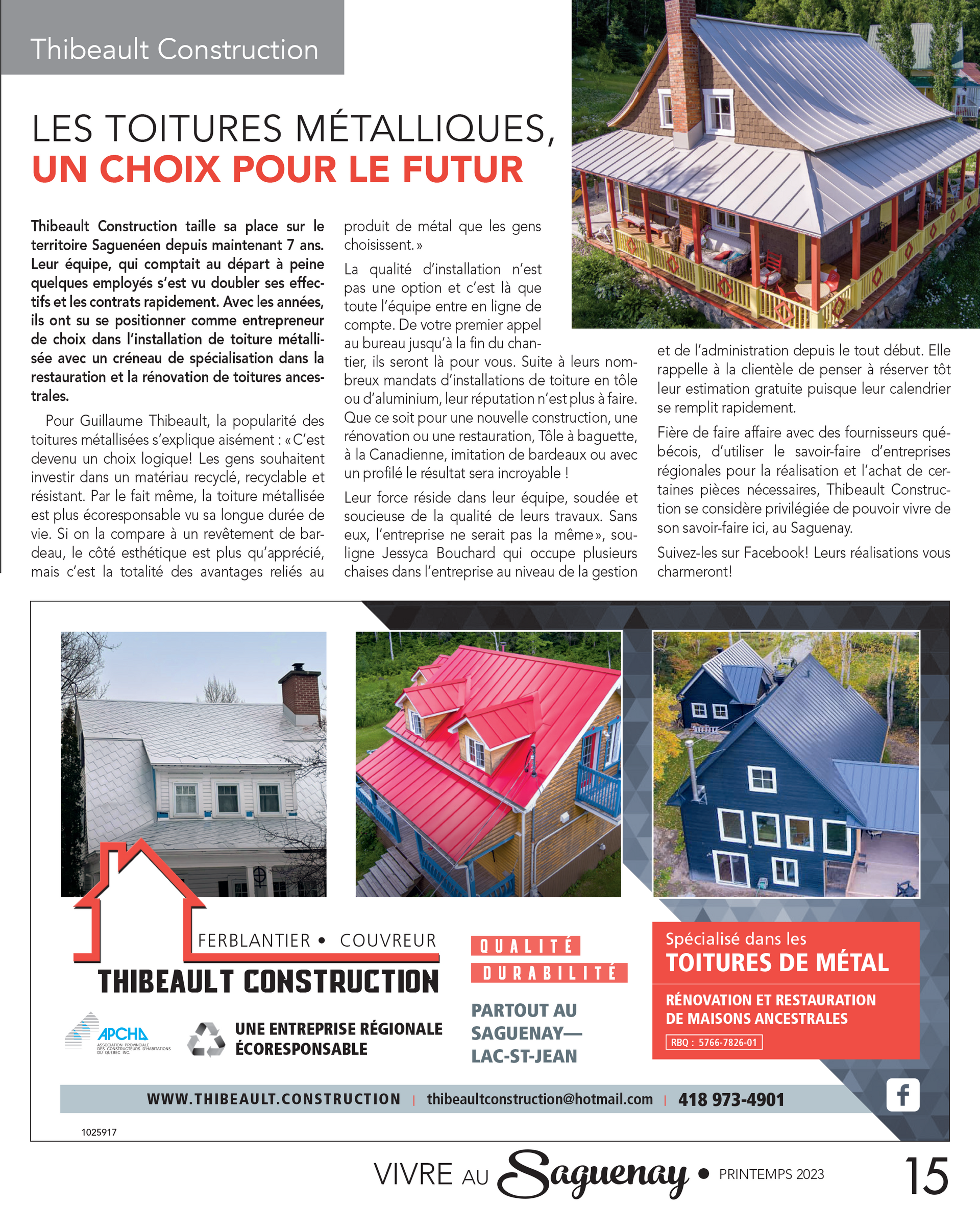 Publicité pour des toitures métalliques avec photos de toitures. Comprend le logo de l'entreprise et ses coordonnées.