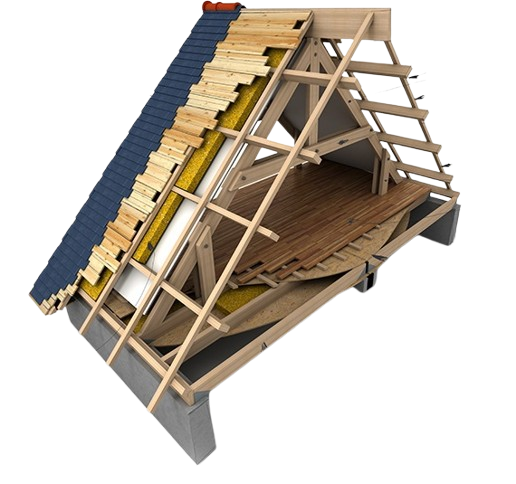 Vue en coupe d'une structure de toiture, montrant les couches de tuiles, l'isolation et la charpente en bois.