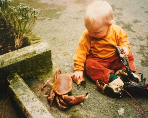 A toddler sits outdoors, looking at a crab and a lobster on a stone surface.