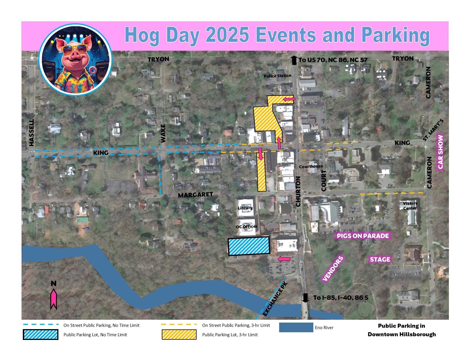 A map of hog day 2024 parking is shown on a white background.