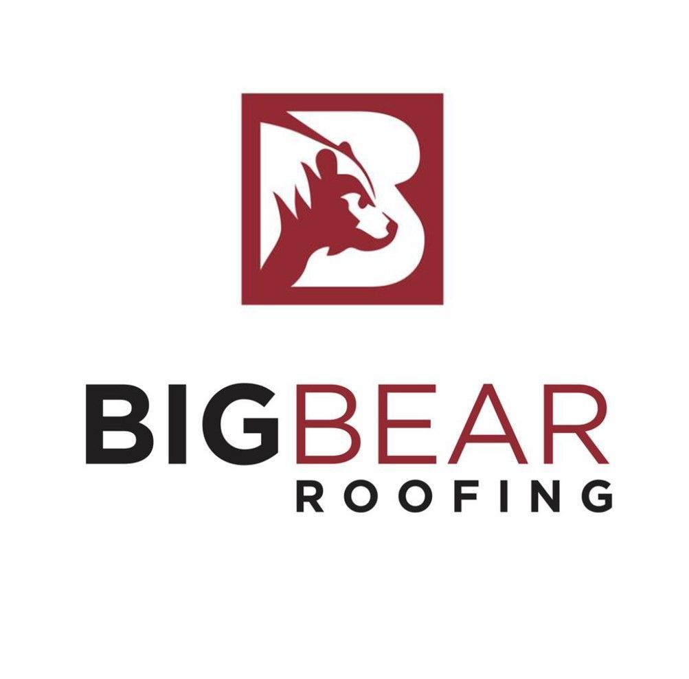 A logo for big bear roofing with a bear in a square.