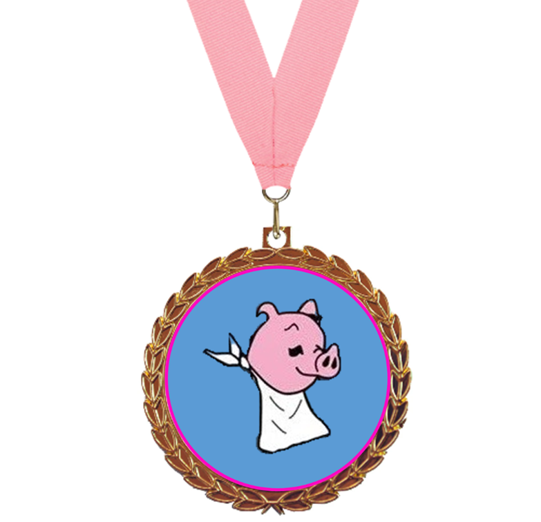 Logo for bronze medal sponsorship - hog day pig on blue background with bronze leaf edge