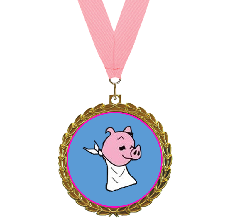 Logo for gold medal sponsorship - hog day pig on blue background with gold leaf edge