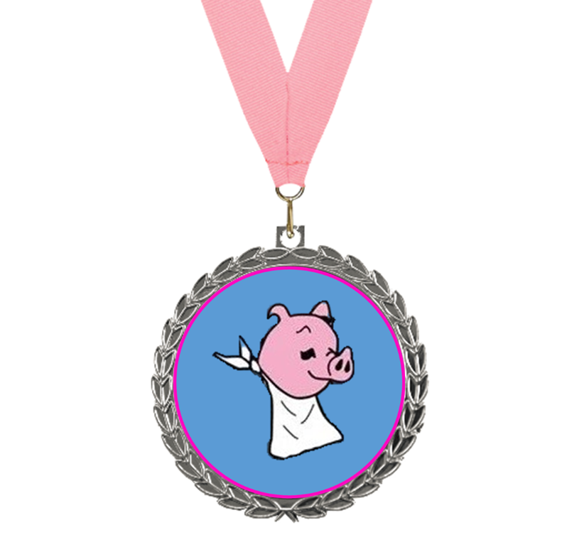 Logo for silver medal sponsorship - hog day pig on blue background with silver leaf edge