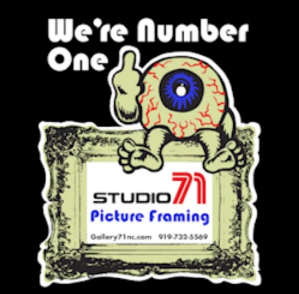 A poster for studio 71 picture framing with a cartoon eye giving a thumbs up