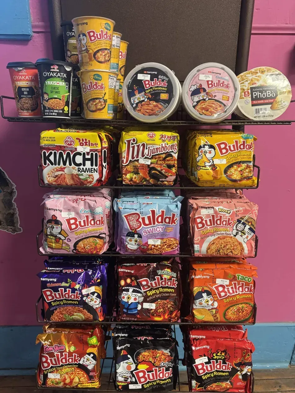 Full wall of international ramen and snacks at Sugar Rush Rocky Ford CO