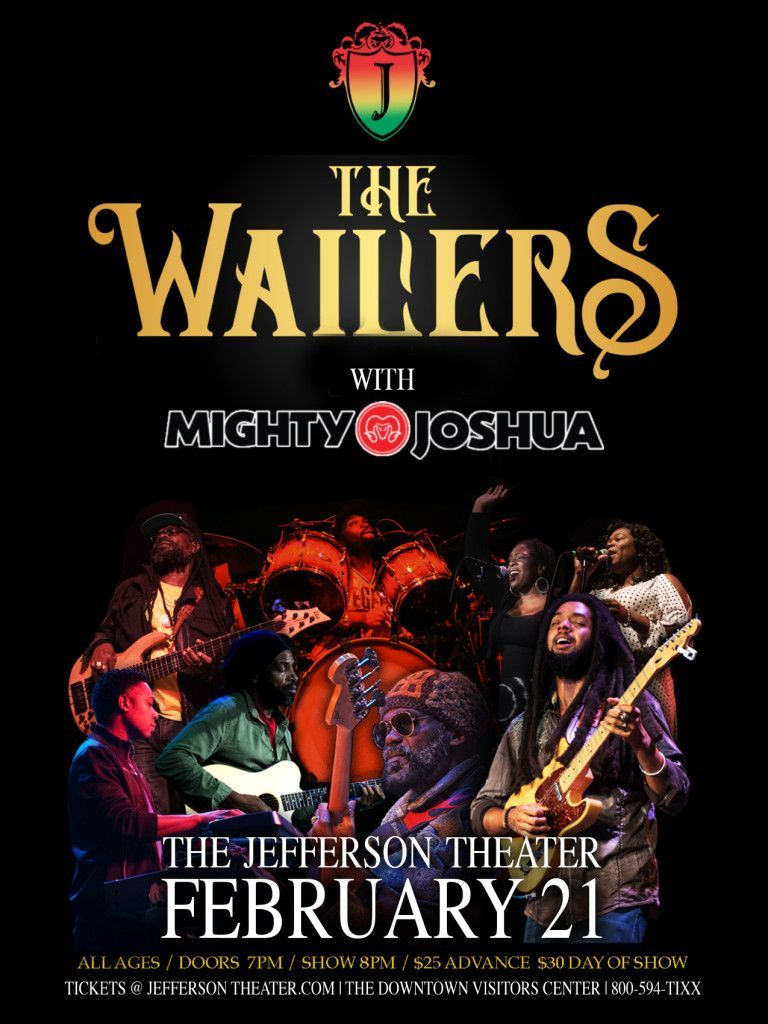 Poster for The Wailers concert at The Jefferson Theater on February 21, featuring band members and supporting artist Mighty Joshua.