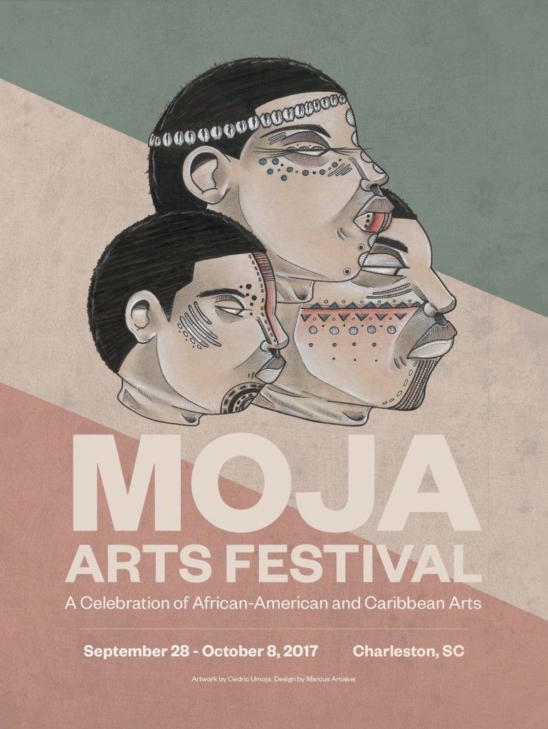 Poster: MOJA Arts Festival. Faces in profile, layered, in front of green, cream, and red blocks. Festival dates and location.