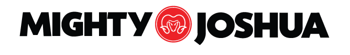 Logo for Mighty Joshua, black text with a red circle containing a ram's head.