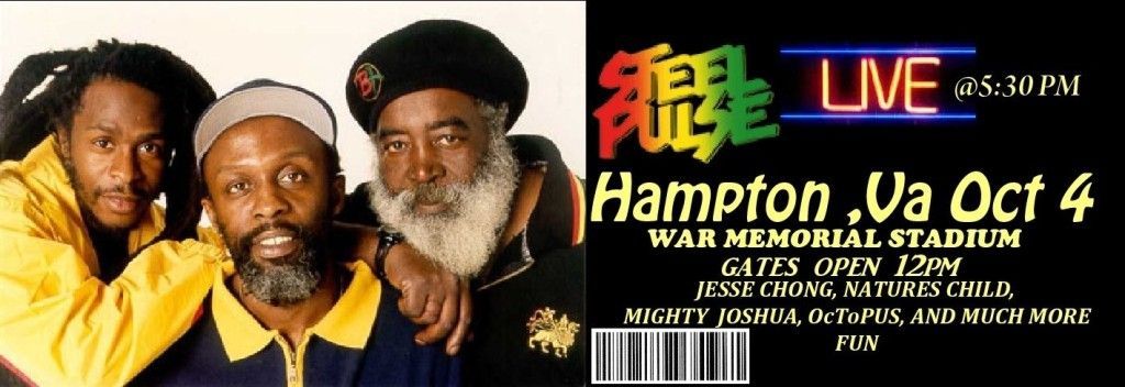 Steel Pulse concert advertisement. Band members pose, Hampton VA Oct 4 War Memorial Stadium.